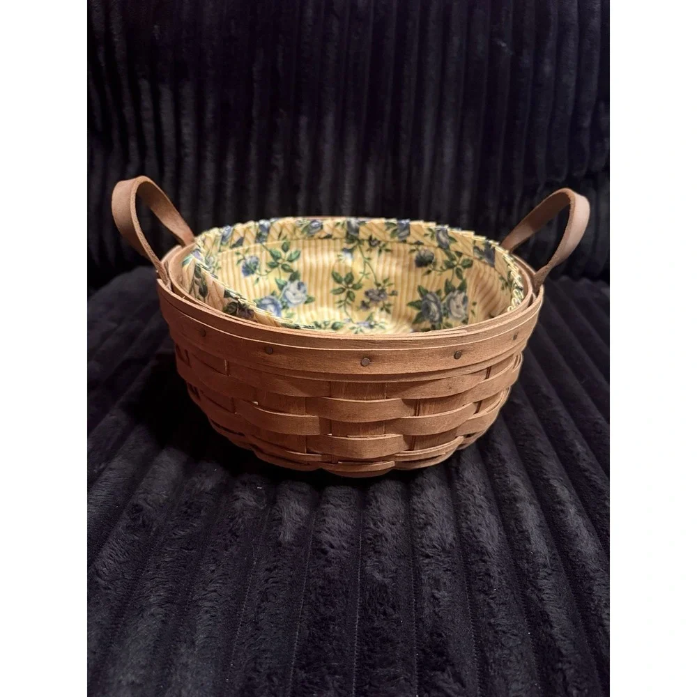 LongabergerBasket with Floral Liner Leather Handles‎ Vintage 1986 Signed